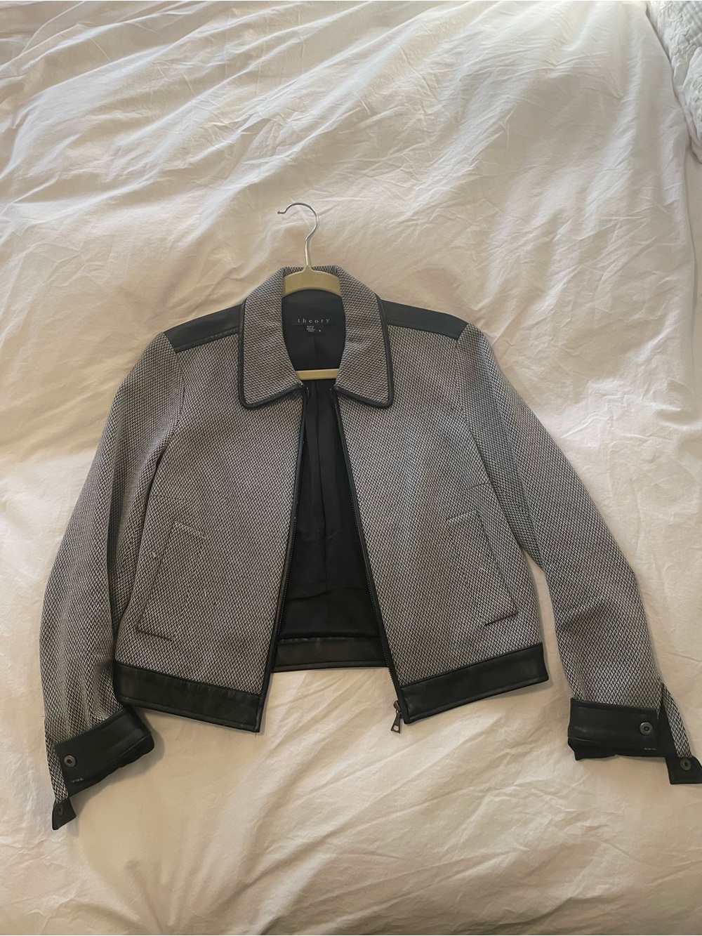 Theory Black and Gray Textured Leather-Trim Jacket